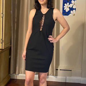 Textured lace up plunge neck dress